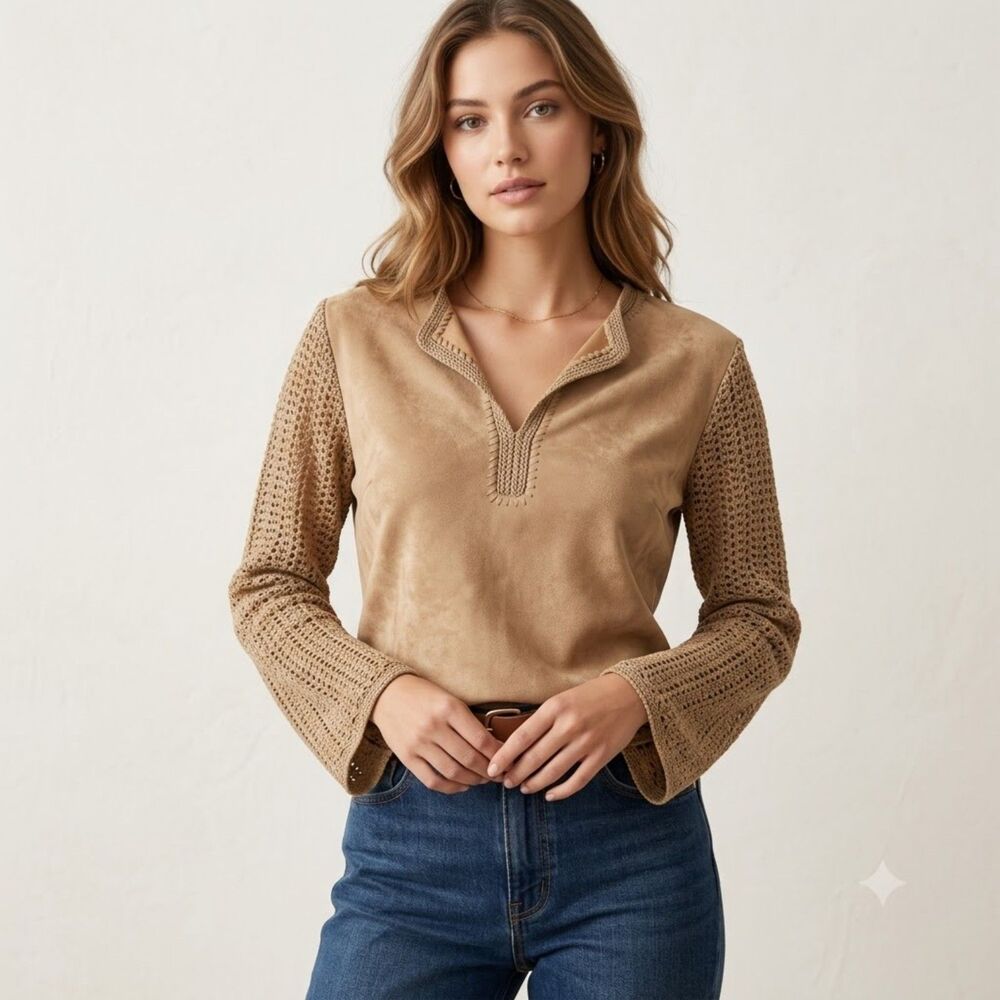 Norton Studio Chestnut Tan Faux-Suede Crochet Tunic Top Western Prairie Boho L